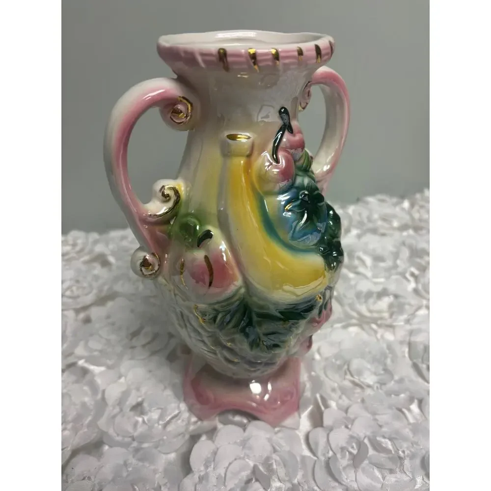 Vintage Majolica Lusterware Fruit Vase Double Handled Iridescent Ceramic 10